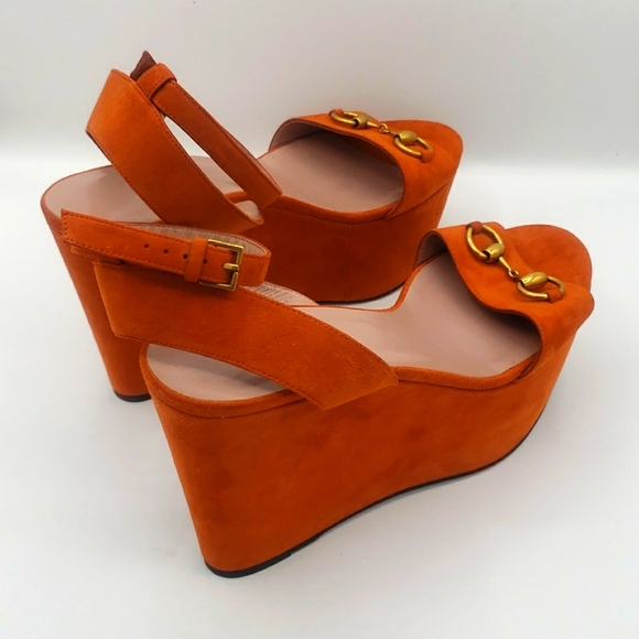 Gucci orange suede wedge heels size 39 authentic comes with shoes box - Picture 7 of 8